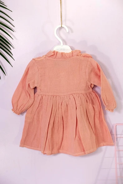 Fırfır Detaylı Uzun Kollu Müslin Elbise Somon - 3