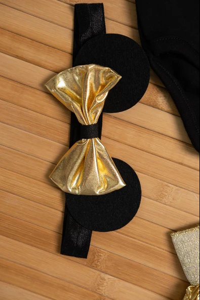 Gold Pileli Etekli Siyah Baby Baskılı 3'lü Kız Bebek Takımı - 4