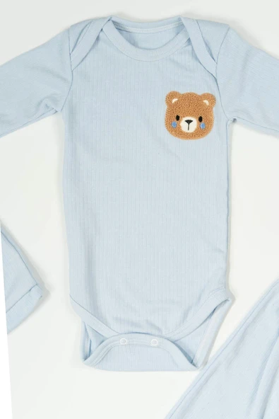 Ayıcık Nakışlı 3'lü Ribana Bebek Takımı Mavi - Resim 2