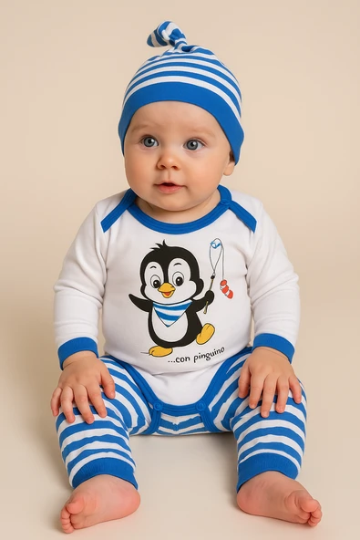 Unisex Penguen Desenli Mavi Çizgili 3'lü Body Bebek Takımı