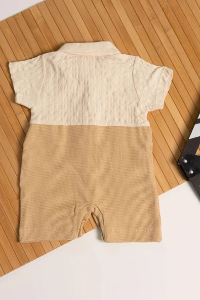 Polo Yaka Waffle Erkek Bebek Tulum Krem-Bej - 2