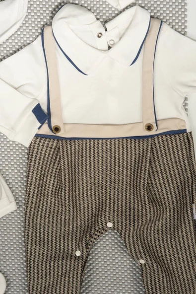 Bej Askılı Pantolon Desenli 7'li Erkek Bebek Yenidoğan Takımı - 3