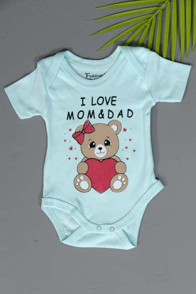 Kız Bebek Kısa Kollu Zıbın I Love Mom & Dad Ayıcık Baskılı Body Mavi - Resim 2