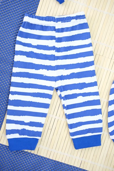 Unisex Penguen Desenli Mavi Çizgili 3'lü Body Bebek Takımı - 5