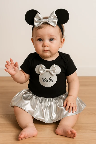 Gümüş Pileli Etekli Siyah Baby Baskılı 3'lü Kız Bebek Takımı