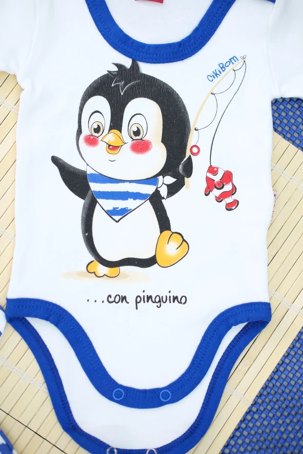 Unisex Penguen Desenli Mavi Çizgili 3'lü Body Bebek Takımı - 4