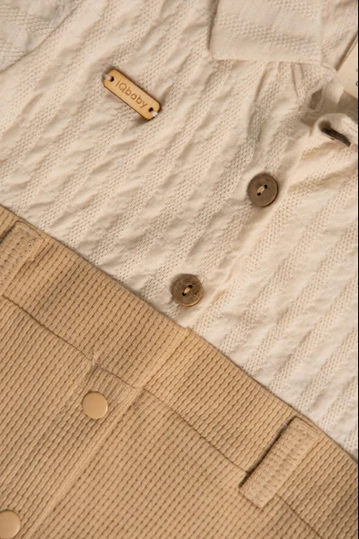 Polo Yaka Waffle Erkek Bebek Tulum Krem-Bej - 3