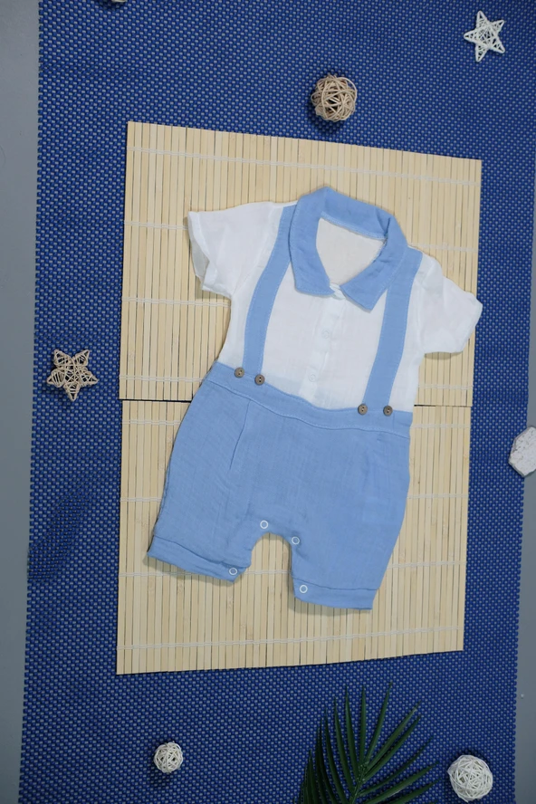 Unisex Askılı Görünümlü Kısa Kollu Bebek Tulum Turkuaz - 3
