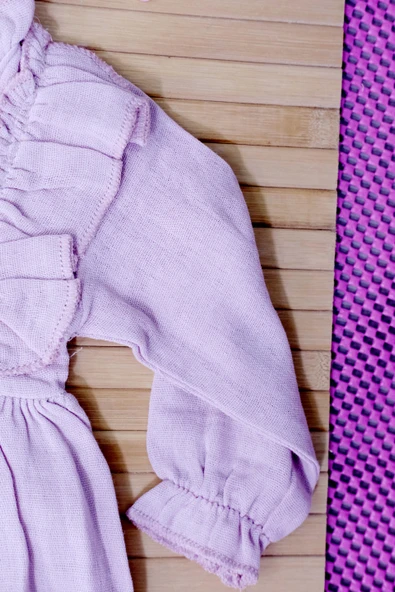 Fırfır Detaylı Uzun Kollu Müslin Elbise Pudra - 5