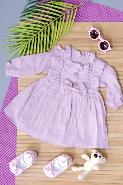 Fırfır Detaylı Uzun Kollu Müslin Elbise Pudra