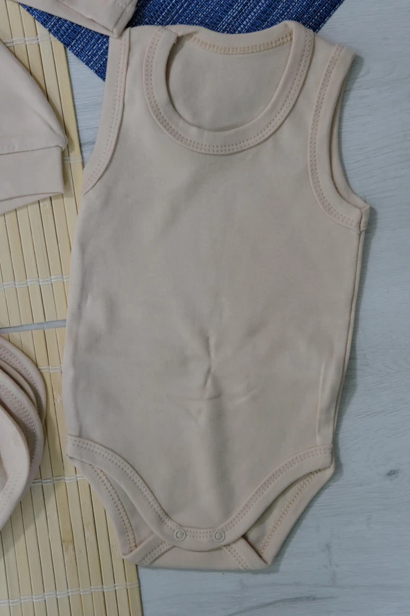 Unisex Ayıcık Desenli 7'li Zıbın Takımı Kahverengi Biyeli Krem - 8