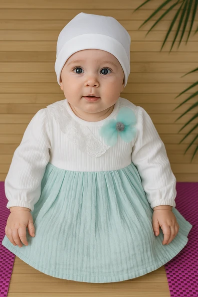 Kız Bebek Uzun Kollu İki Renkli Elbise Dantel Yaka ve Çiçek Aksesuarlı Deniz Yeşili