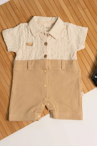 Polo Yaka Waffle Erkek Bebek Tulum Krem-Bej