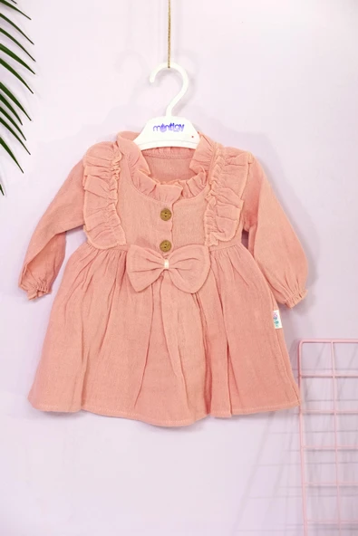 Fırfır Detaylı Uzun Kollu Müslin Elbise Somon - 2