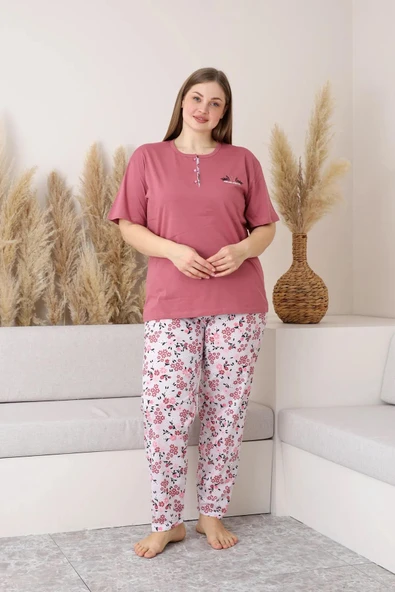 Sude Kadın Büyük Beden Düğme Yaka Penye Kısa Kol İnce Pijama Takımı P134 - 1 Adet  2XL Gül Kurusu - 2
