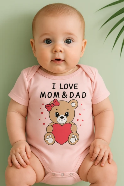 Kız Bebek Kısa Kollu Zıbın I Love Mom & Dad Ayıcık Baskılı Body Pembe