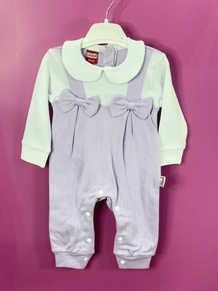 Fiyonklu ÇıtÇıtlı Kız Bebek Tulum Lila