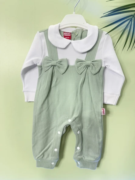 Fiyonklu ÇıtÇıtlı Kız Bebek Tulum Yeşil - 1
