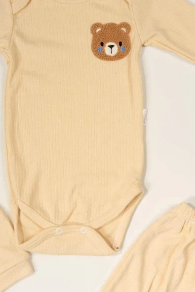 Ayıcık Nakışlı 3'lü Ribana Bebek Takımı Krem - 2