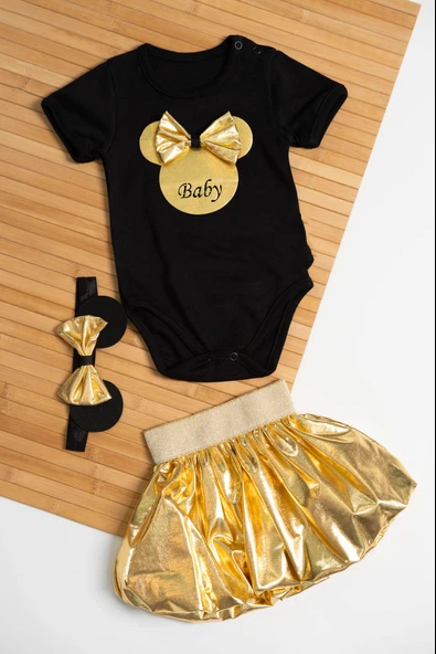 Gold Pileli Etekli Siyah Baby Baskılı 3'lü Kız Bebek Takımı - 2
