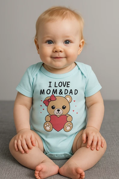 Kız Bebek Kısa Kollu Zıbın I Love Mom & Dad Ayıcık Baskılı Body Mavi ürün görseli