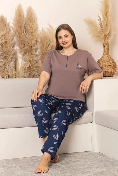 Sude Kadın Büyük Beden Düğme Yaka Penye Likralı Kısa Kol İnce Pijama Takımı P284 - 1 Adet  2XL Kahverengi - 2