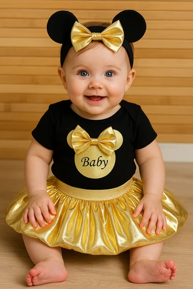 Gold Pileli Etekli Siyah Baby Baskılı 3'lü Kız Bebek Takımı