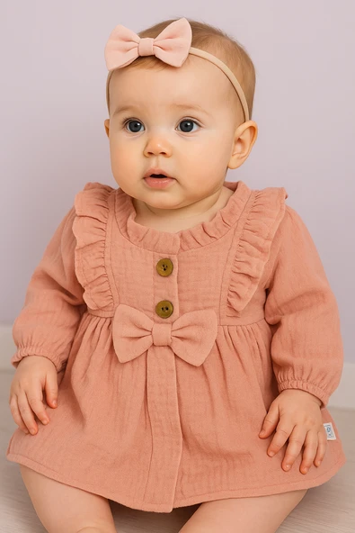 Fırfır Detaylı Uzun Kollu Müslin Elbise Somon