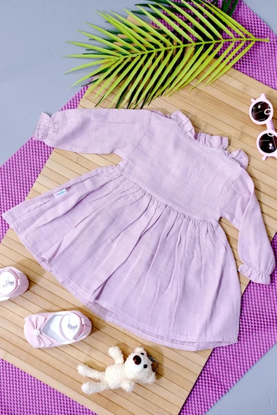 Fırfır Detaylı Uzun Kollu Müslin Elbise Pudra - 2