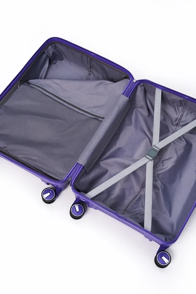 Elatae Exclusive Pro Polipropilen Kırılmaz 3'lü Valiz Seti Büyük - Kabin Boy ve Makyaj Çantası Mor 5239 - Resim 5