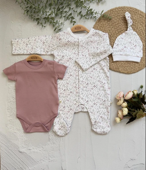 Mürdüm Bebek Tulum, Zıbın Takım İnterlok Kumaş , Çıt çıtlı Uzun Kollu, Şapkalı Seti