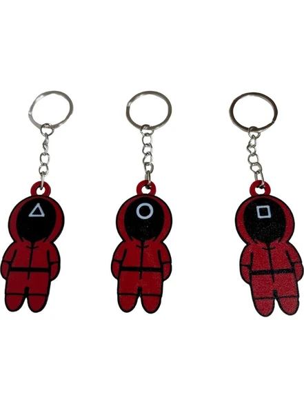 Squid Game Temalı Anahtarlık - 3 Adet Set, Kırmızı Figürler, Dayanıklı ve Şık Tasarım - 2
