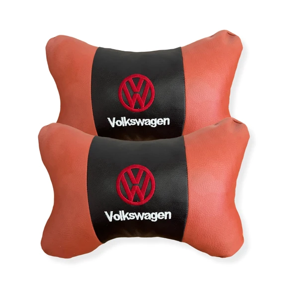 Volkswagen Nakışlı Ortopedik Lüks Araç Seyahat Deri Oto Boyun Yastığı İkili Kahverengi Oto Yastık