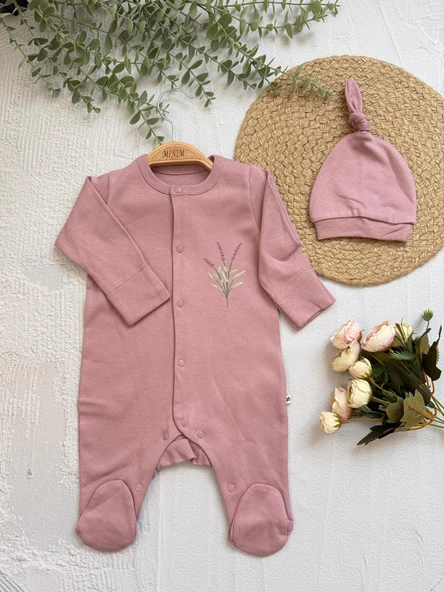 Mürdüm Şapkalı Bebek Tulumu, İnterlok Kumaş , Çıt çıtlı Uzun kollu Patikli Tulum Seti - 4
