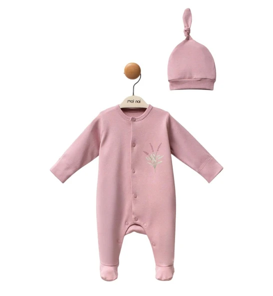 Mürdüm Şapkalı Bebek Tulumu, İnterlok Kumaş , Çıt çıtlı Uzun kollu Patikli Tulum Seti - 2