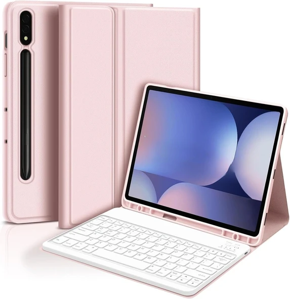 Samsung Galaxy Tab S7 Fe Lte T730 T735 T737 Klavyeli Kılıf Bluetooth Bağlantı Kalem Bölmeli Koruyucu  ROSE GOLD