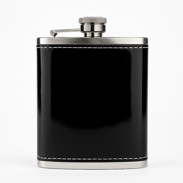 Perlotus 8 Oz 235 cc Hunili Siyah Rugan Hakiki Deri Kılıflı Çelik Viski İçki Matarası - 2