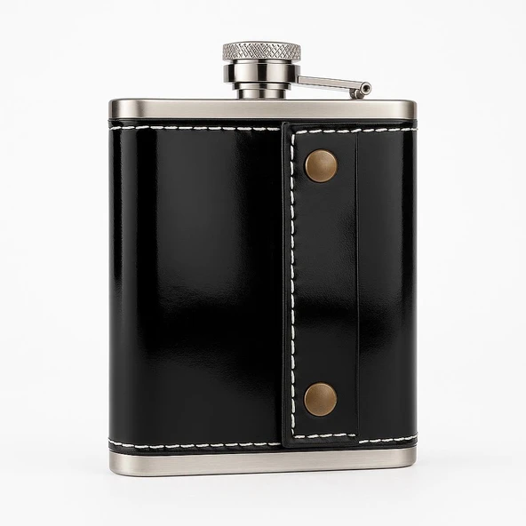 Perlotus 8 Oz 235 cc Hunili Siyah Rugan Hakiki Deri Kılıflı Çelik Viski İçki Matarası - 3