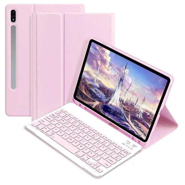 Samsung Galaxy Tab S7 Fe Lte T730 T735 T737 Klavyeli Kılıf Bluetooth Bağlantı Kalem Bölmeli Koruyucu  PEMBE