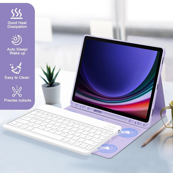 Samsung Galaxy Tab S7 Fe Lte T730 T735 T737 Klavyeli Kılıf Bluetooth Bağlantı Kalem Bölmeli Koruyucu  LAVANTA - 3