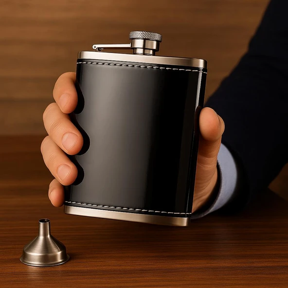 Perlotus 8 Oz 235 cc Hunili Siyah Rugan Hakiki Deri Kılıflı Çelik Viski İçki Matarası