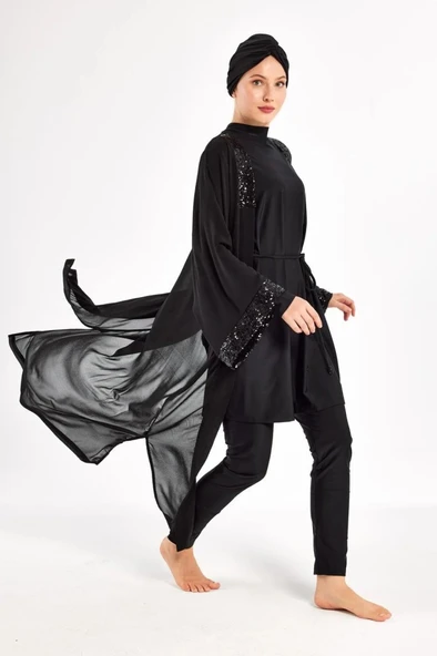 Adasea 251132 Siyah Taşlı Pareolu Tam Boy Tasarım Tesettür Mayo - Resim 4
