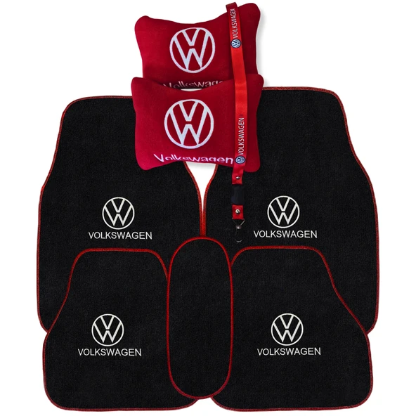 Volkswagen Nakış İşlemeli Oto Halı Paspas Volkswagen Kırmızı Oto Boyun Yastığı & Oto Ayna Askısı