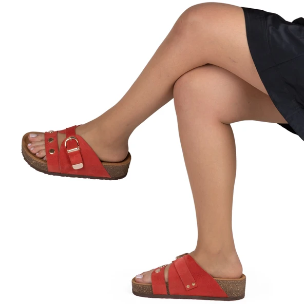 Kadın Hakiki Süet Deri 4,5cm Dolgu Topuklu Rahat Kalıp Günlük Yazlık Terlik - Resim 7