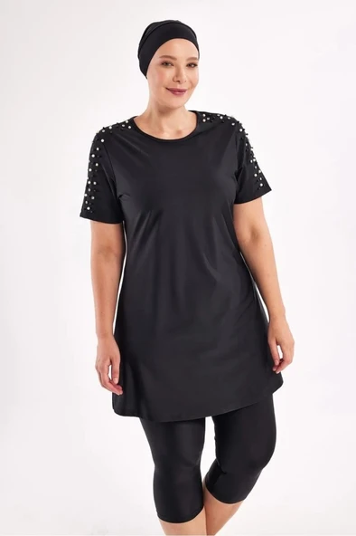 Adasea 251805 Tole Siyah Büyük Beden Kısa Kol Taytlı Mayo - Resim 7