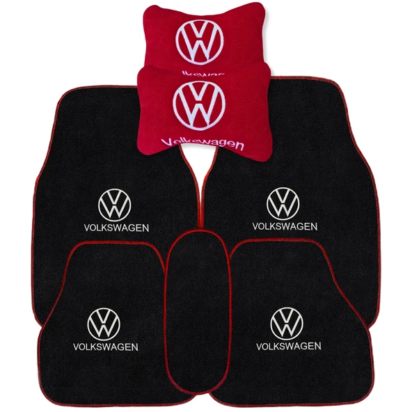 Volkswagen Nakış İşlemeli 5 Parça Araç Oto Halı Paspas Volkswagen Kırmızı Polar Oto Boyun Yastığı - 1
