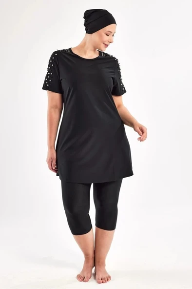 Adasea 251805 Tole Siyah Büyük Beden Kısa Kol Taytlı Mayo - Resim 5