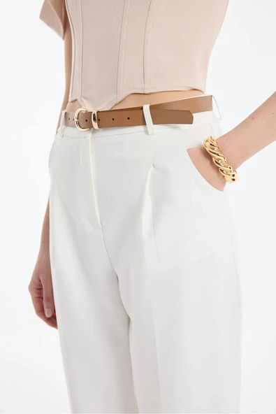 Quzu Yüksek Bel Kemerli Pensli Kadın Pantolon - Resim 2