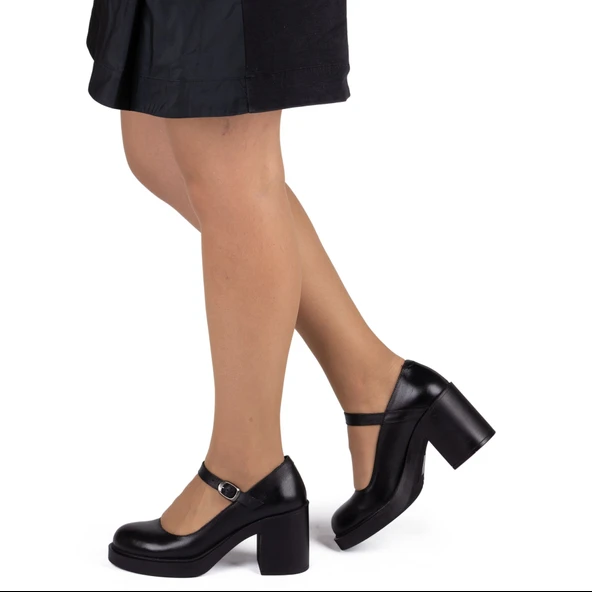 Kadın Hakiki Deri Kalın Topuklu Bantlı Günlük Ayakkabı / Mary Jane Shoes - 4