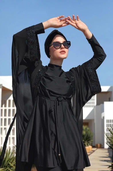 Adasea 251132 Siyah Taşlı Pareolu Tam Boy Tasarım Tesettür Mayo ürün görseli